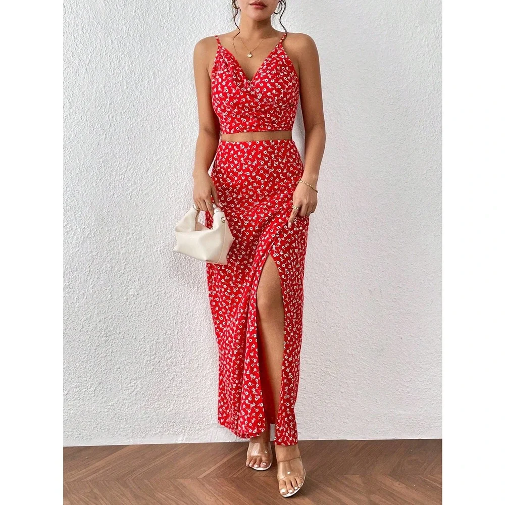 ❗️2 piece skirt set: boho Floral Print Cami Top & Split Thigh maxi Skirt - Picture 8 of 8